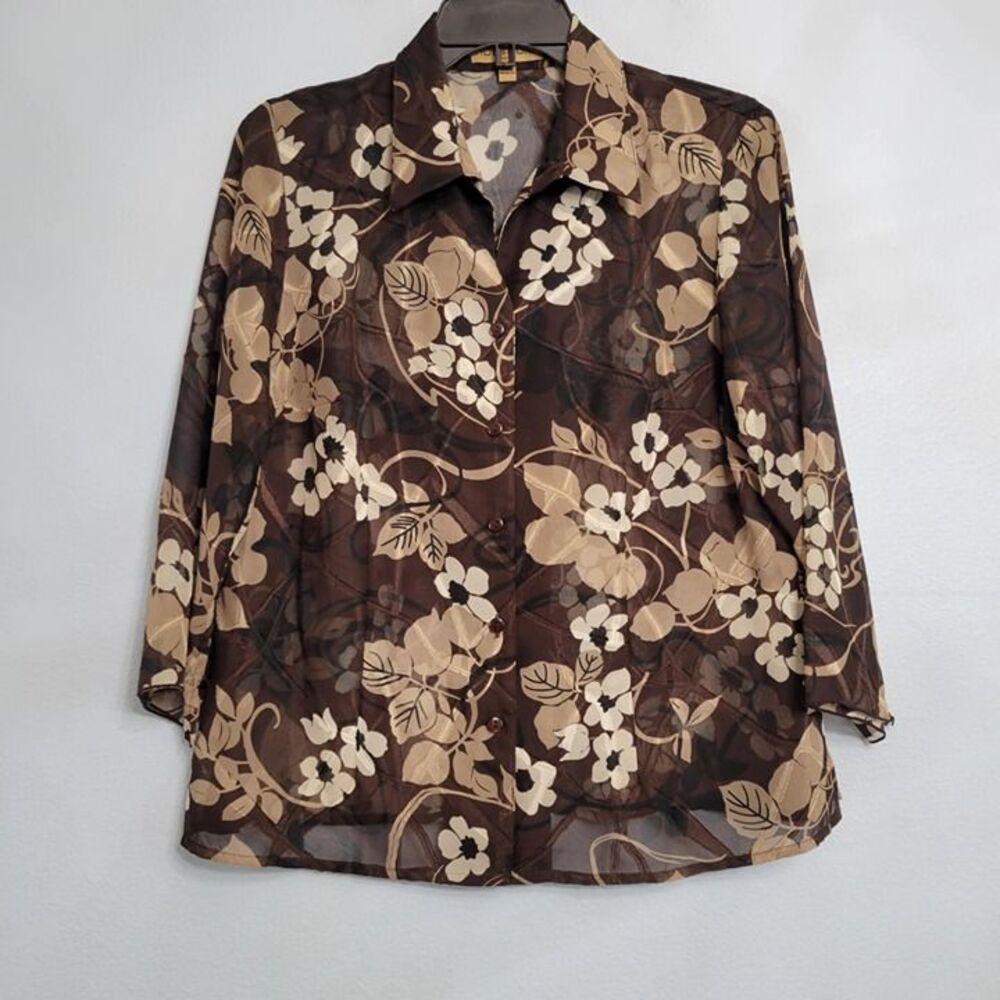 Vintage 90's Notations Brown Beige Floral Sheer Flowy Button Front Blouse PL